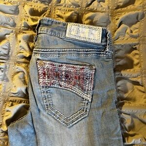 Affliction Light Blue Jeans with Red Pattern
